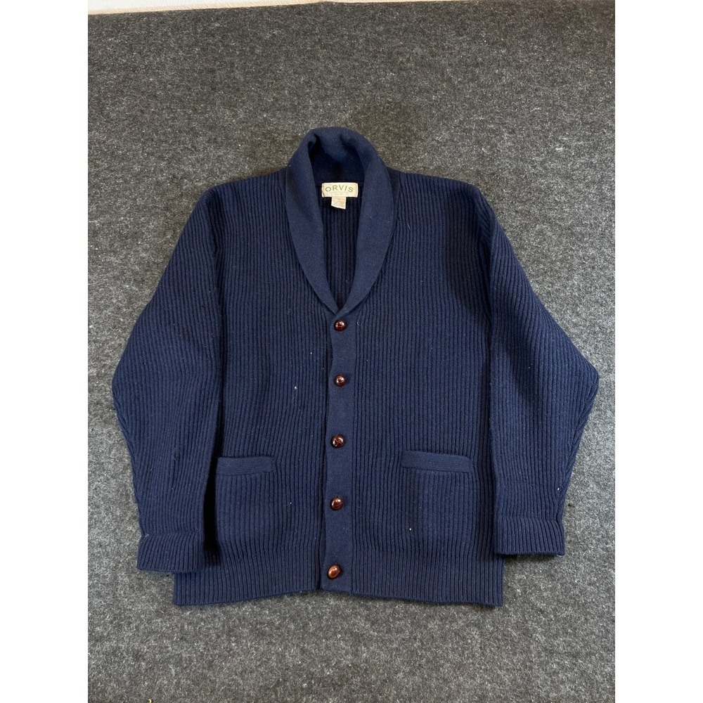 Orvis Mens Navy Blue 100% Lambswool Ribbed Shawl Collar Cardigan Sweater Size M